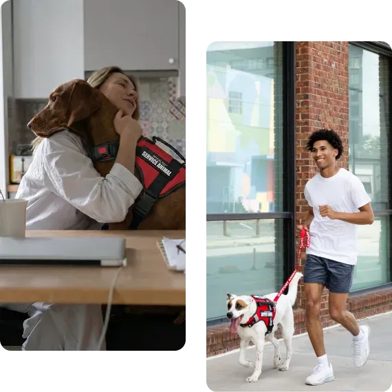 Two photos: a woman hugging her service dog at a desk, and a man jogging outdoors with his service dog on a leash